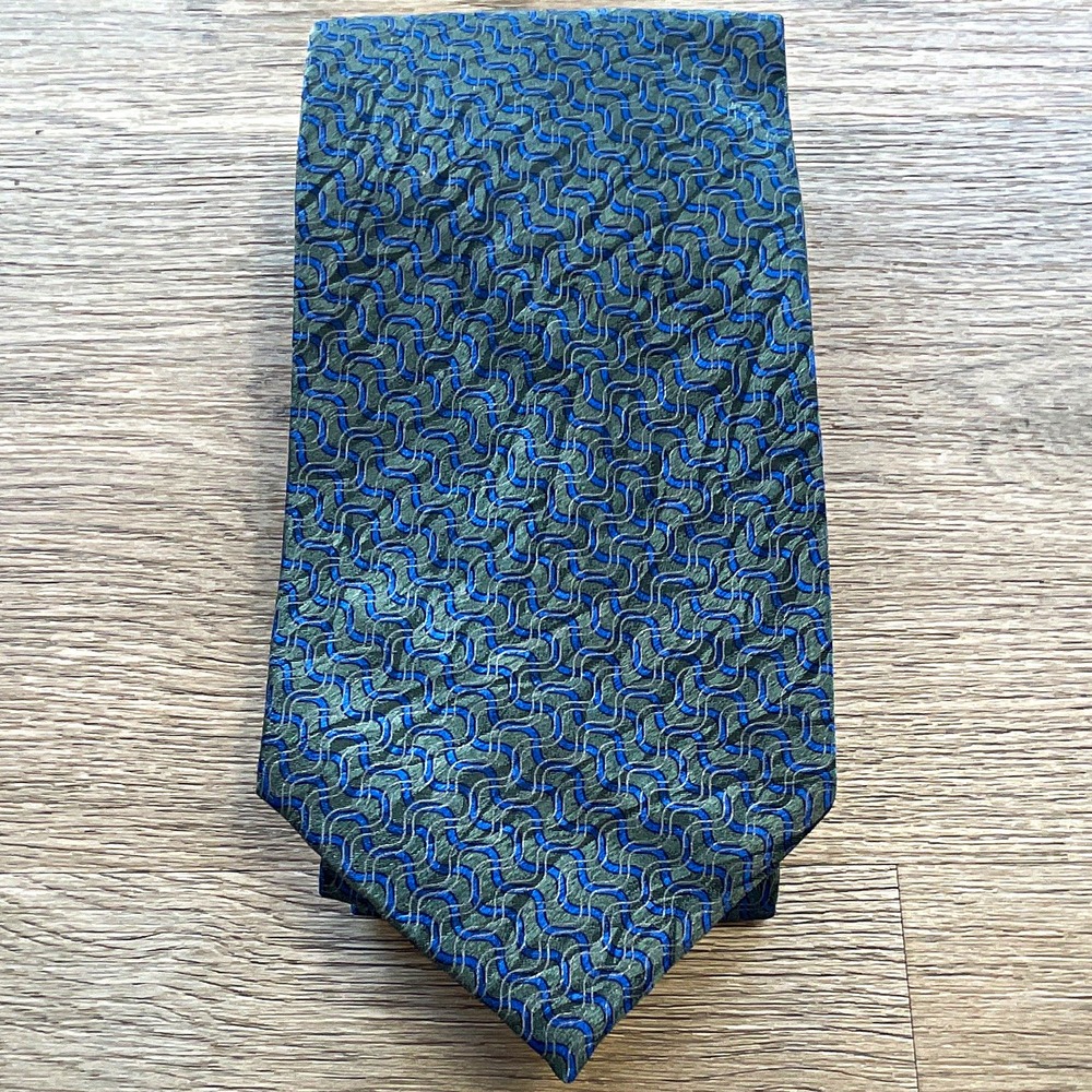 Stafford Men's 100% Silk Tie Green Blue Geometric Woven Made in Italy